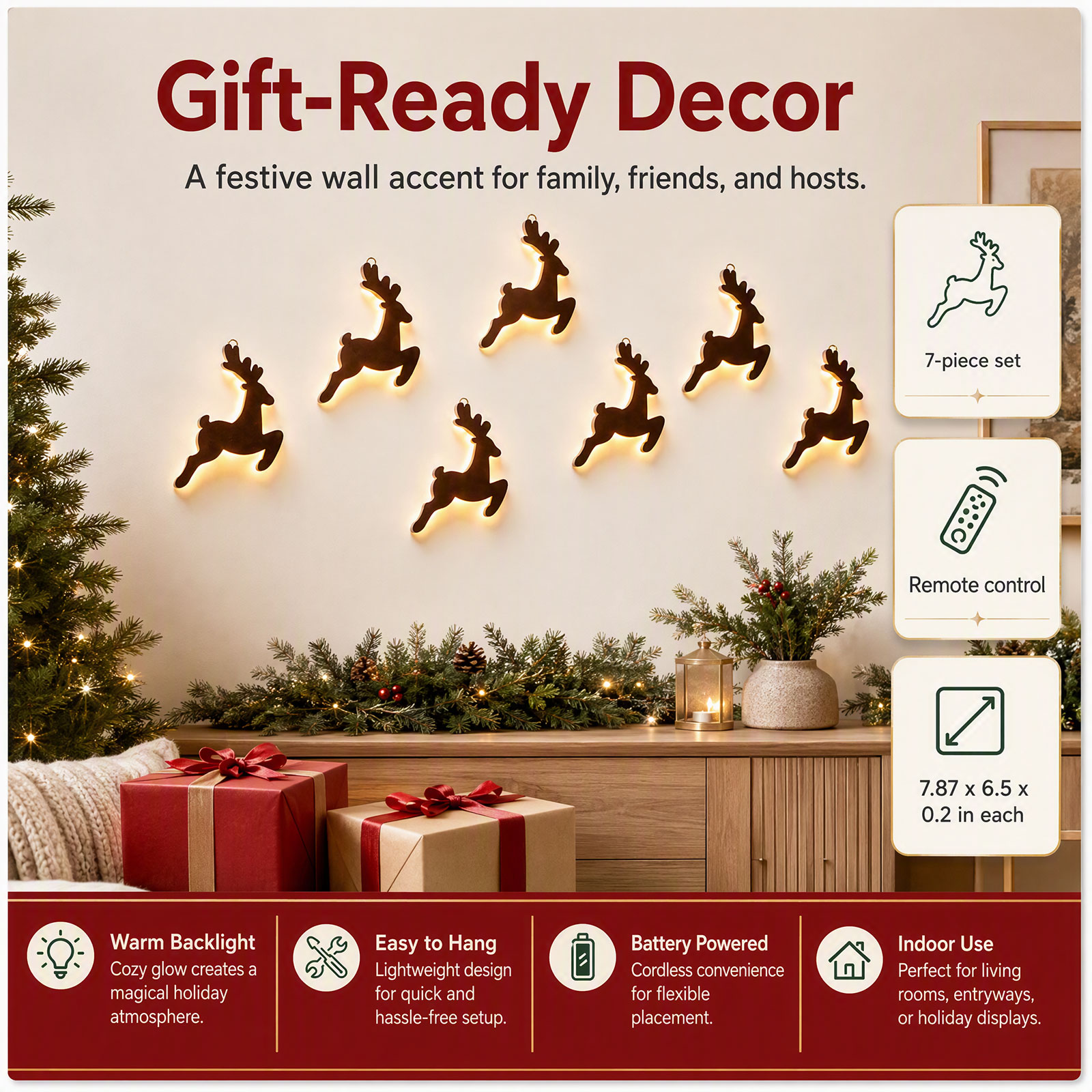 Lighting Christmas Decor - Wooden Reindeer Wall Decor 7PCS LED